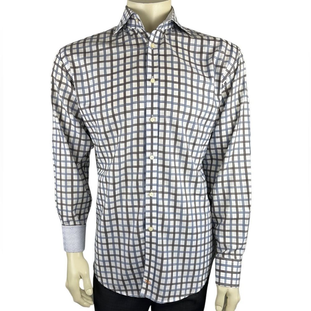 NWOT Thomas Dean L/S Dress Shirt w/Lt Blue, Taupe, & Black Grid Pattern Size Lg